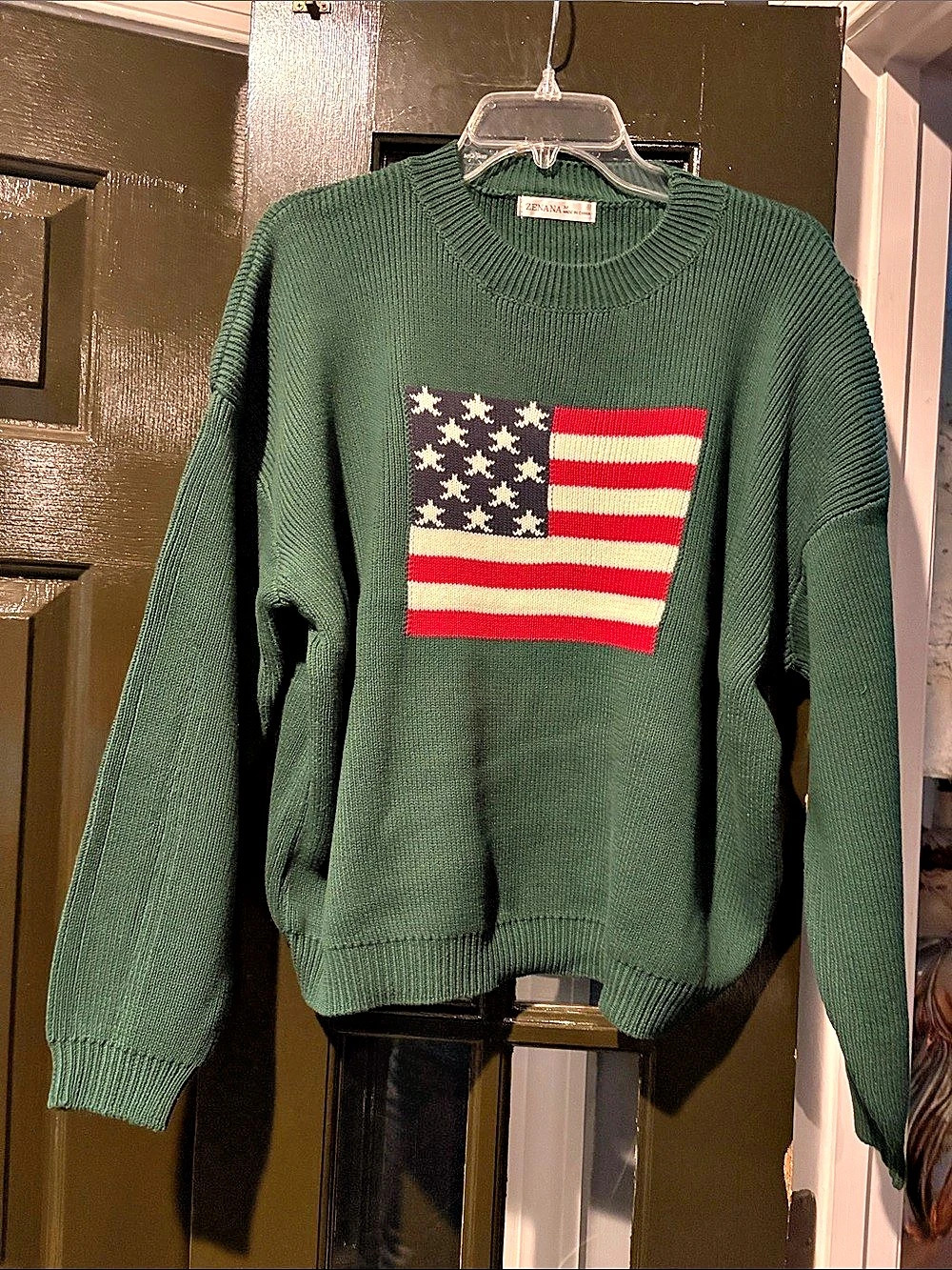 ZENANA American Flag Crew Neck Sweater Green & Red